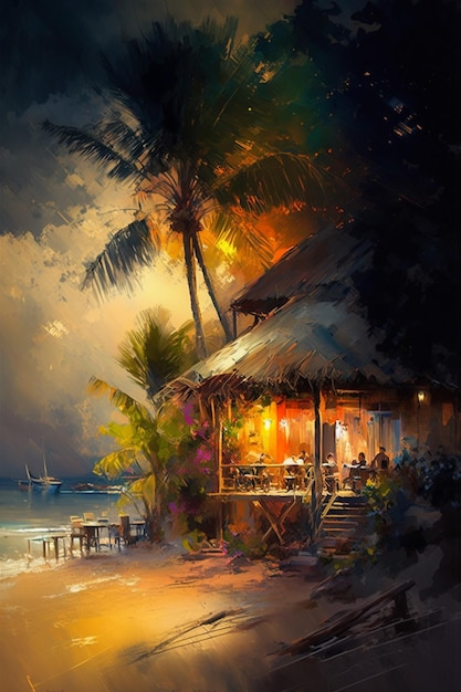 A painting of a restaurant by the sea.