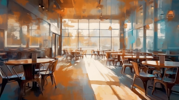 A painting of a restaurant interior with a large window and a light on the wall.