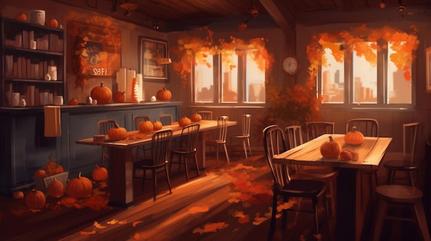 A painting of a restaurant with a sign that says " pumpkins " on it.