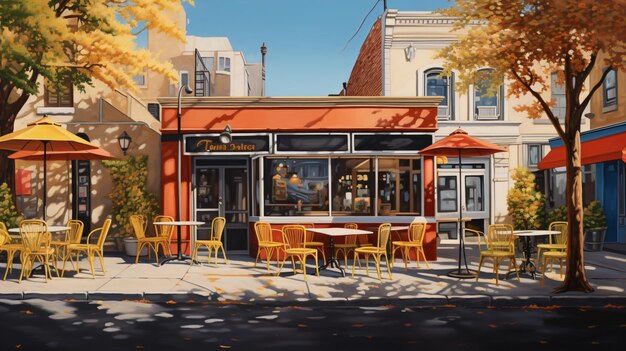 A painting of a restaurant with tables and chairs