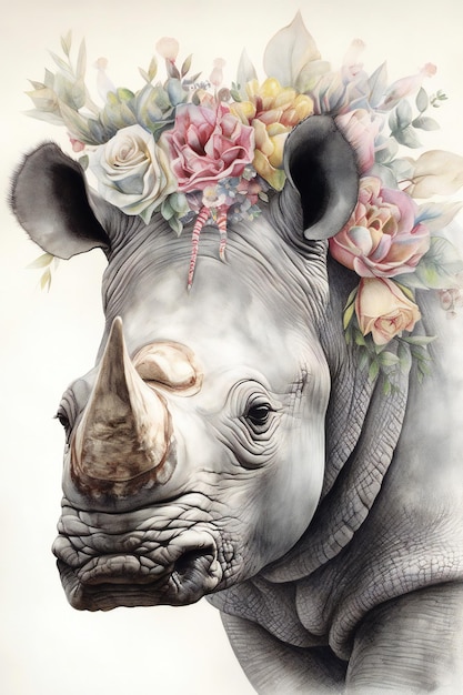 A painting of a rhino with flowers on its head