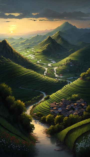 A painting of rice terraces with a river in the foreground.