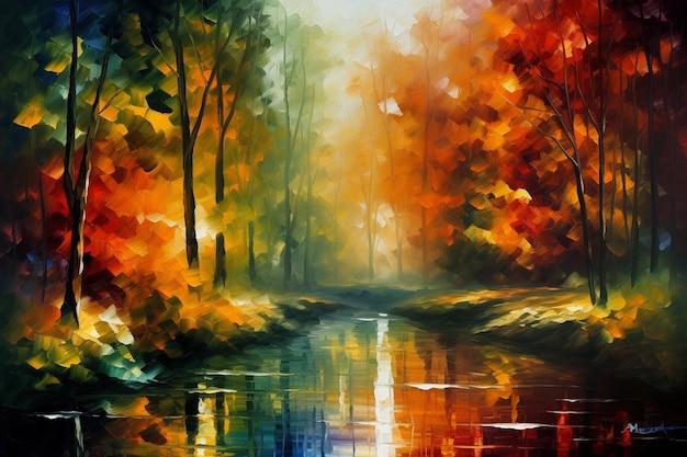 A painting of a river in autumn