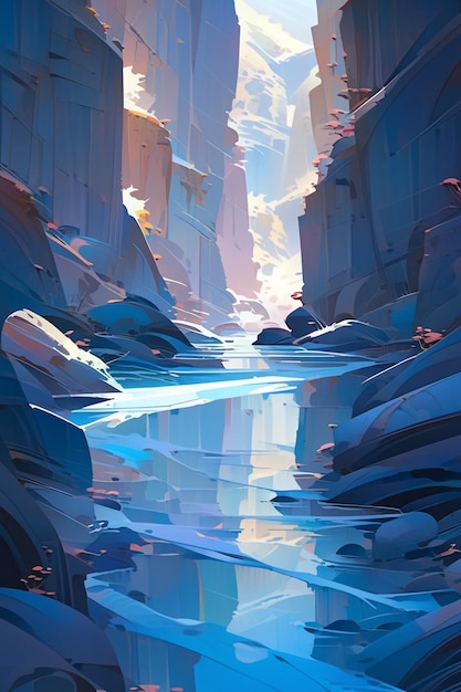 A painting of a river in blue tones.