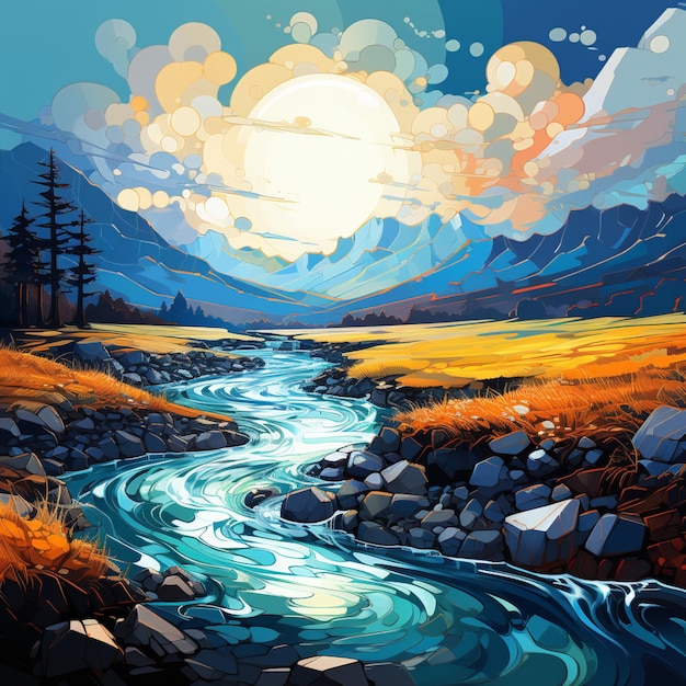Картина реки, протекающей через долину Фотография Изображение искусства, созданного Ай