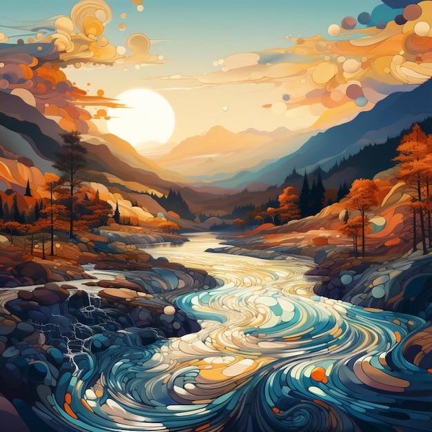 계곡을 가로질러 흐르는 강의 그림 사진 이미지 아이가 창작한 예술