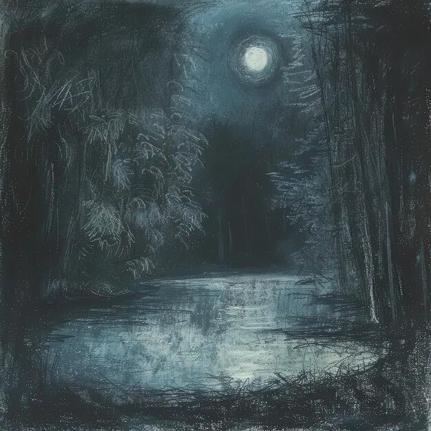Photo a painting of a river in a forest at night