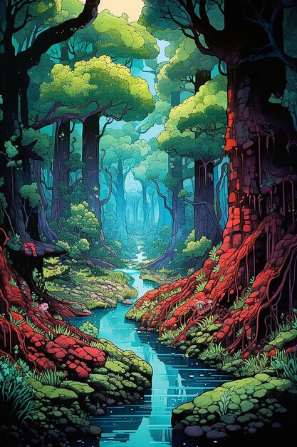 A painting of a river in a forest with a forest in the background.