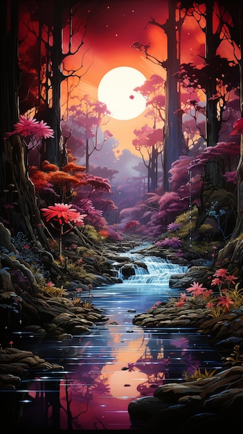Photo painting of a river in a forest with a sunset in the background generative ai