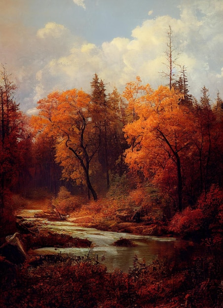 Картина реки в лесу с деревьями и фоном неба генеративный ай