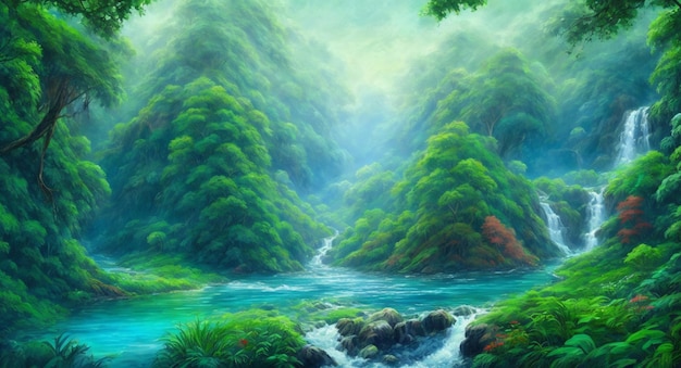 A painting of a river in a forest