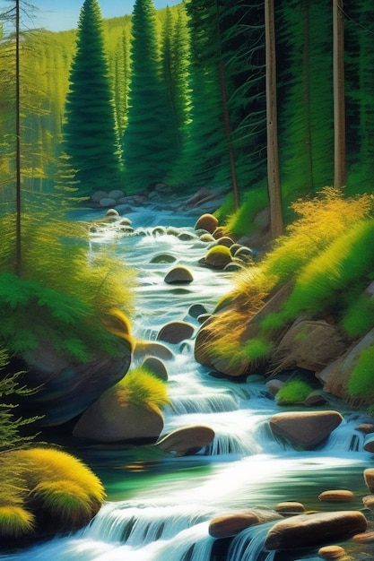 Foto un dipinto di un fiume nella foresta