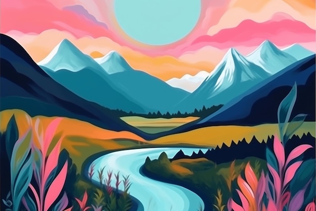 A painting of a river in front of mountains