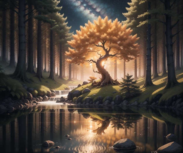 painting of a river in the middle of a forest