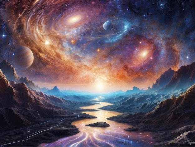 a painting of a river in a mountain valley with planets in the background