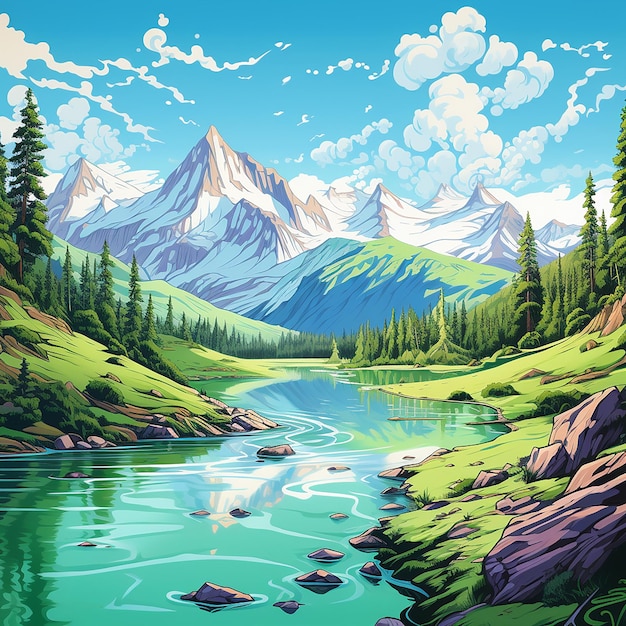 a painting of a river and mountains in the background