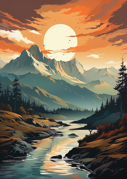 a painting of a river and mountains with a full moon in the background