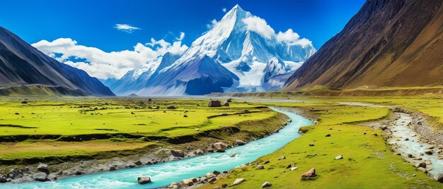 Photo a painting of a river and mountains with a river running through it