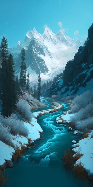 A painting of a river in the mountains with snow covered mountains and trees.