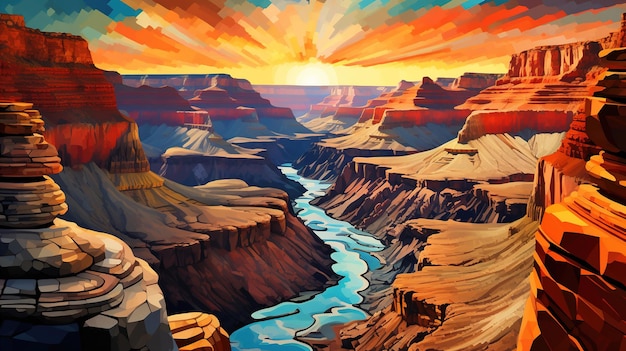 a painting of a river and mountains with a sunset in the background