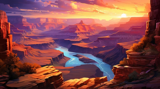 a painting of a river and mountains with a sunset in the background