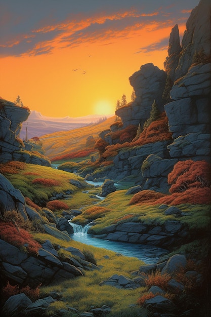 A painting of a river in the mountains with a sunset in the background.