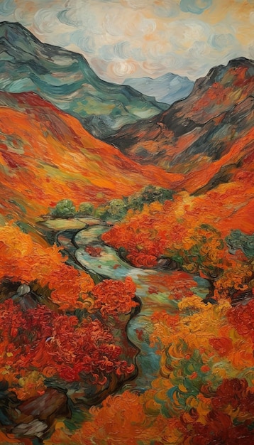 A painting of a river in the mountains