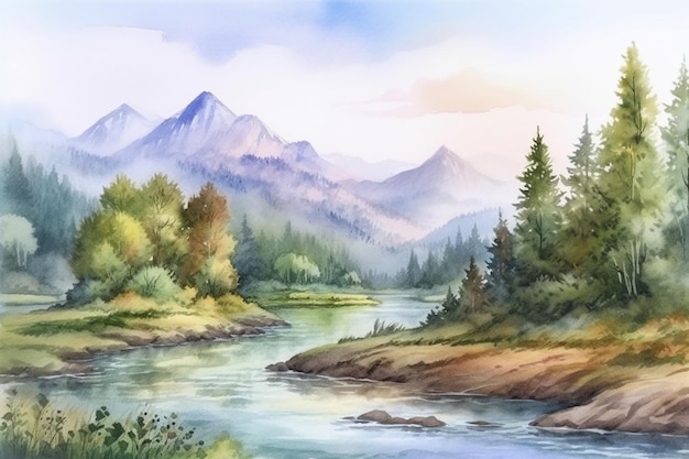 A painting of a river in the mountains