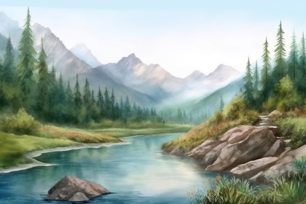 A painting of a river in the mountains