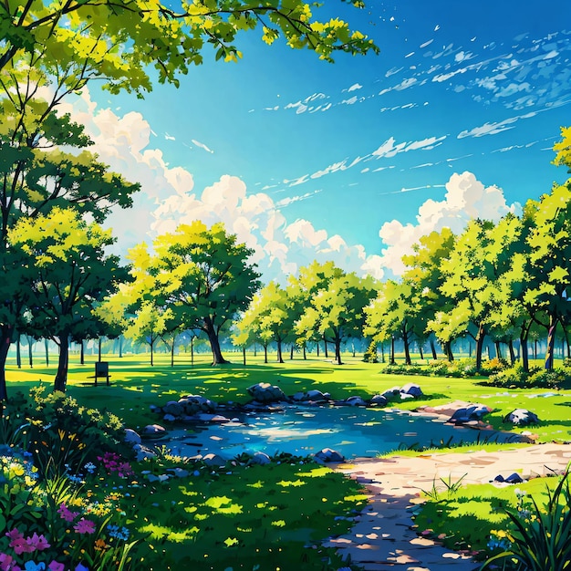 A painting of a river in a park with trees and a path