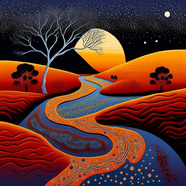 砂漠の風景を流れる川の絵を木で描いた