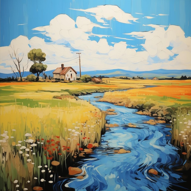 painting of a river running through a field with a house in the distance generative ai