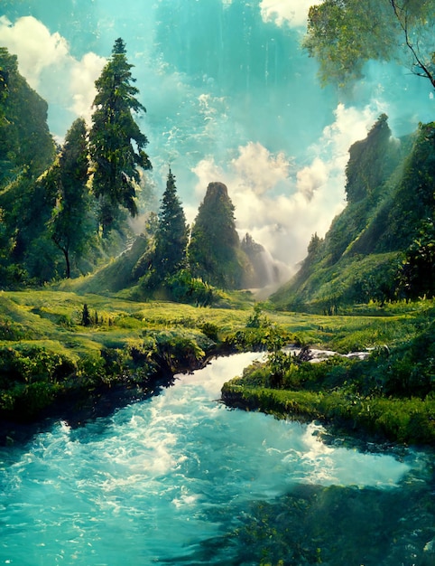 Painting of a river running through a lush green forest generative ai