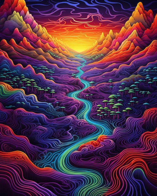 Foto un dipinto di un fiume che attraversa una valle con le montagne sullo sfondo
