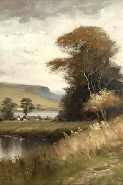 A painting of a river scene with a house in the background.