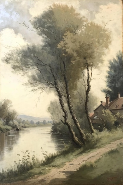 A painting of a river scene with a house on the left.