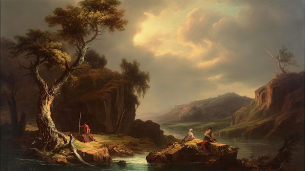 A painting of a river scene with a man and a woman on a boat.