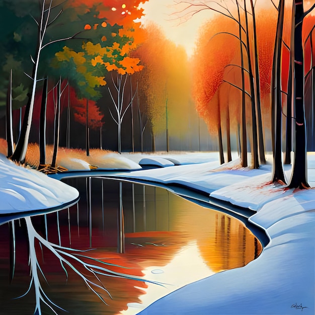 A painting of a river in the snow