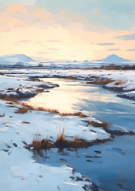 雪に覆われた畑の川の絵を描き背景に山を描いています