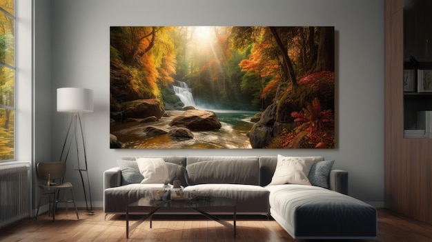 A painting of a river surrounded by autumn leaves