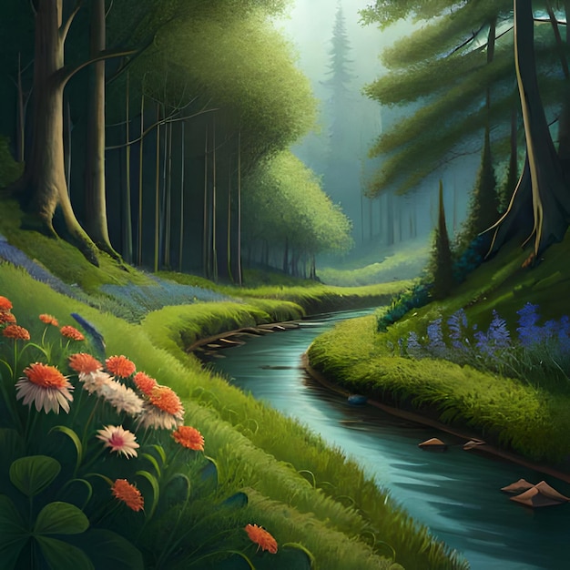 A painting of a river surrounded by flowers.