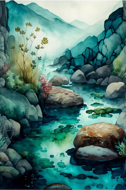Painting of a river surrounded by rocks generative ai