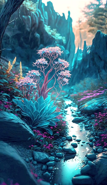 A painting of a river surrounded by trees and flowers