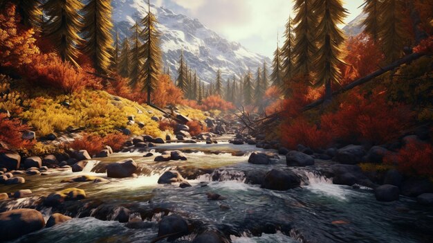 A painting of a river surrounded by trees and mountains.