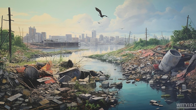 a painting of a river with a bird flying over it