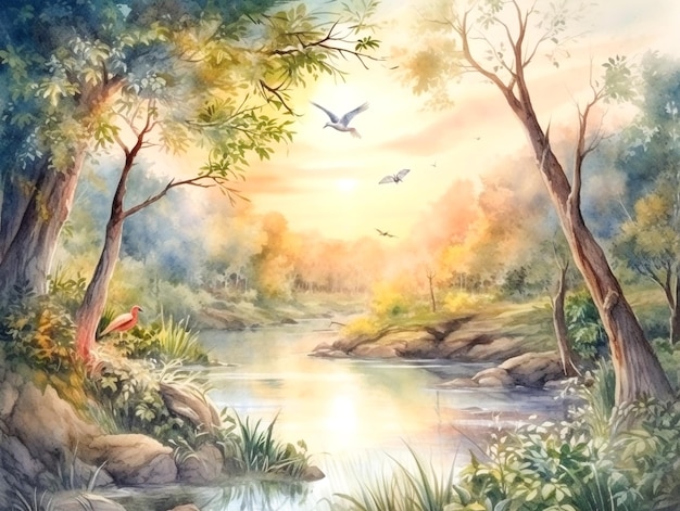 A painting of a river with birds flying in the sky