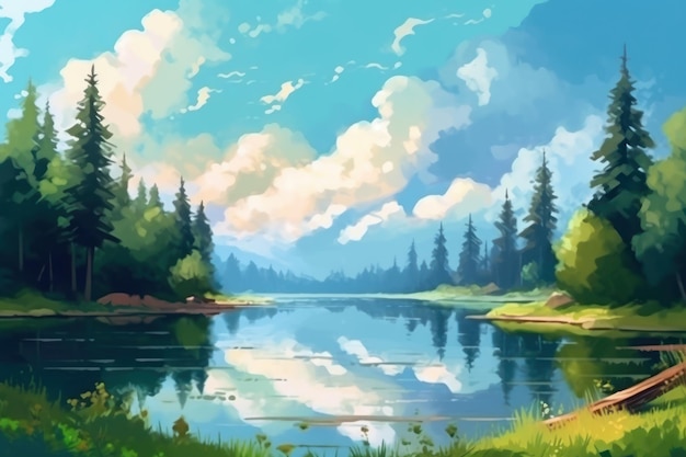 A painting of a river with a blue sky and clouds