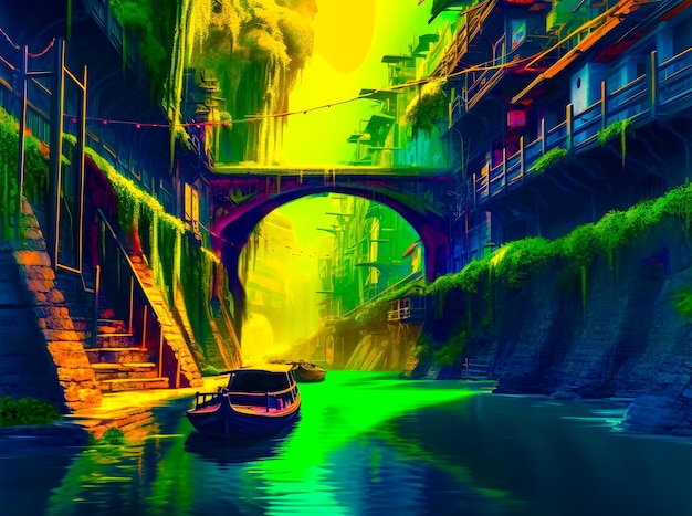 Painting of river with bridge in the background Generative AI