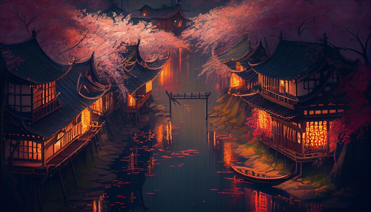 Photo painting of a river with a bridge and a building in the background generative ai