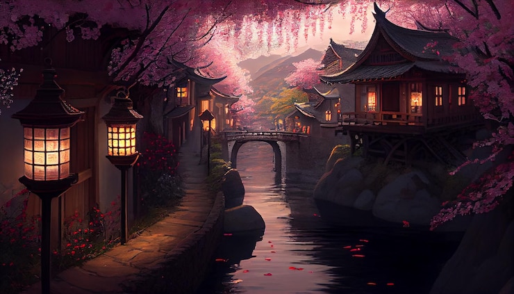 Photo painting of a river with a bridge and lanterns in the middle generative ai